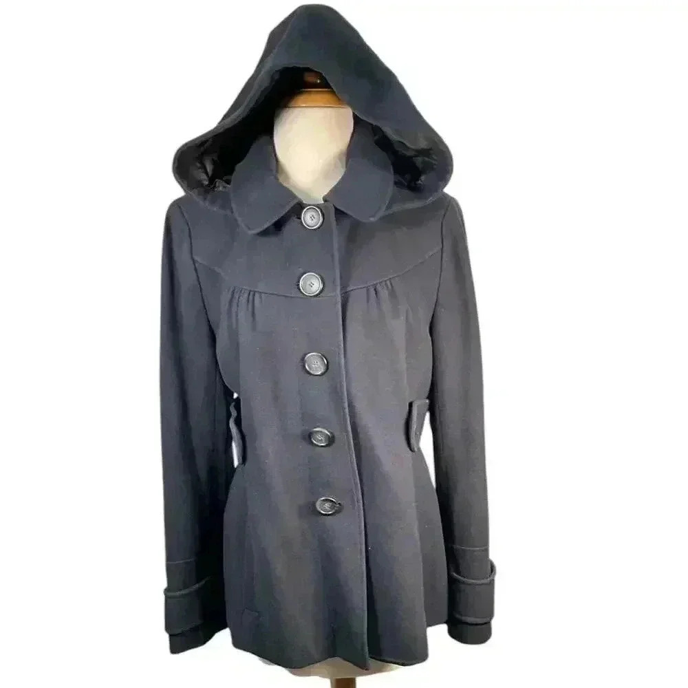 ANN TAYLOR Loft PeaCoat Size 10 Navy Blue Virgin Wool Blend Great Condition